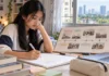 Student reviewing a history timeline and writing study notes