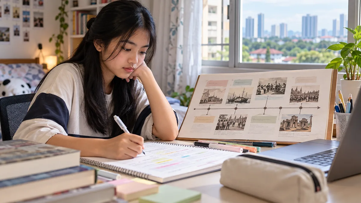 Student reviewing a history timeline and writing study notes